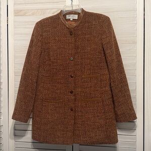 Worth Petite Brown Tweed Jacket with Leather Accents. 12P